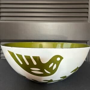 Rare MCM 60s Hanova of Pasadena Large Enamel Dove and Vine Bowl in Green & White
